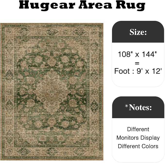 HUGEAR Retro Green Area Rug 9x12 Machine Washable Living Room Rugs Distressed - Image 2