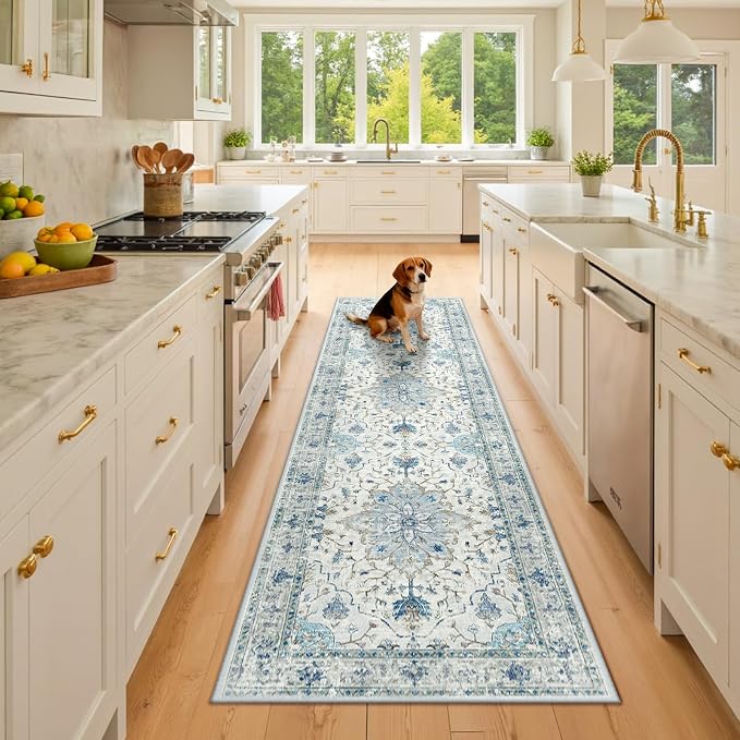 Area Rugs 2'x8' Washable Non-Slip, Floral Vintage Distress Print Pattern by RELEANY