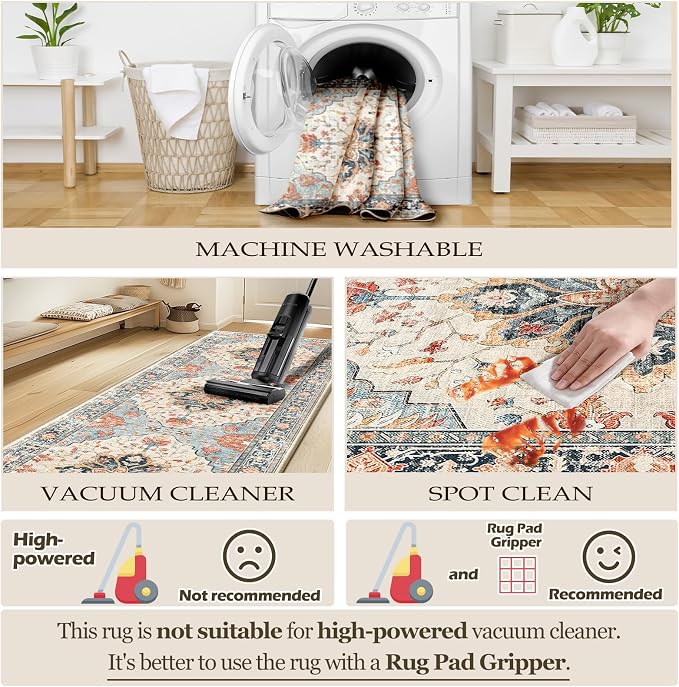 Area Rugs Square 4ft Washable Non-Slip, Floral Vintage Distress Print Pattern - Image 4