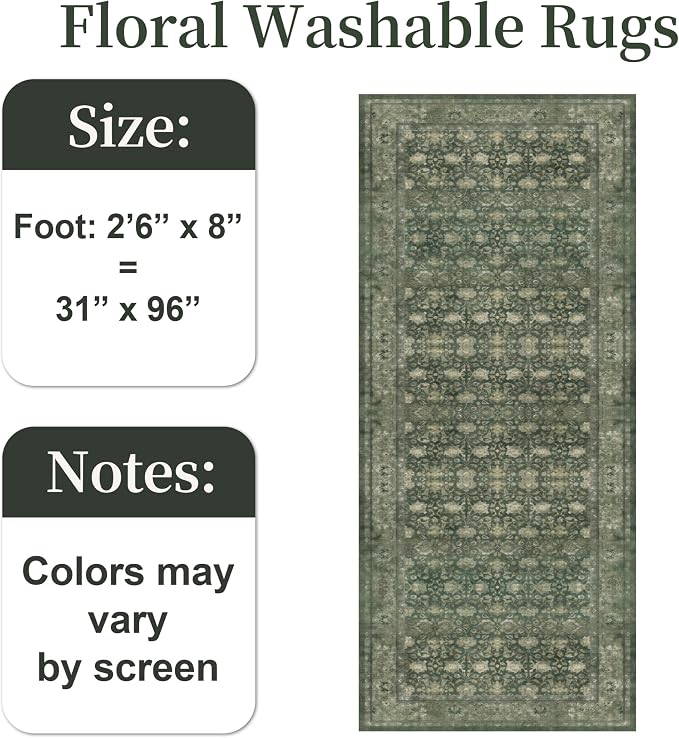 2'6x8' Washable Runner Rug for Hallway, Non Slip Vintage Floral Long Carpet - Image 2