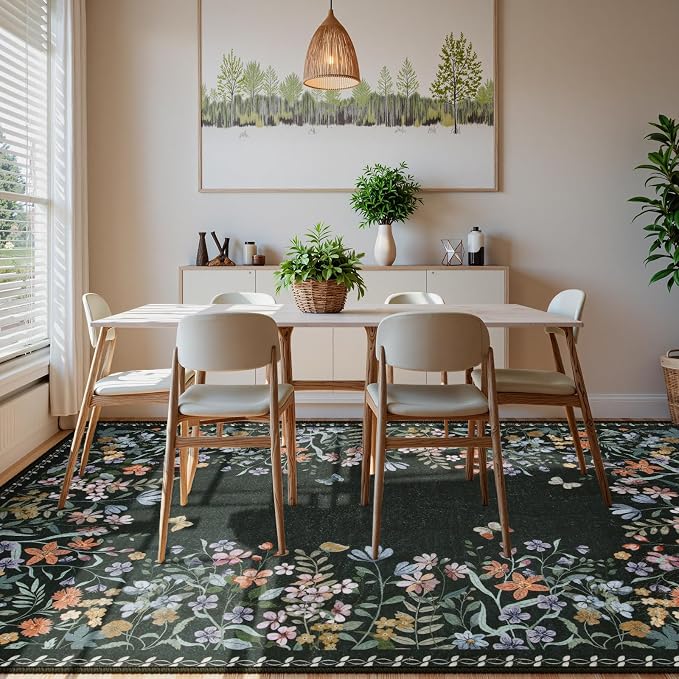 Wonnitar Washable 8x10 Rug, Non-Slip Soft Black Botanical Area Rugs - Image 6