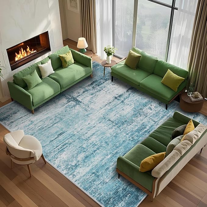 8x10 Abstract Area Rugs for Living Room, Modern Teal Grey Washable Indoor Rug by FLYRUGGO