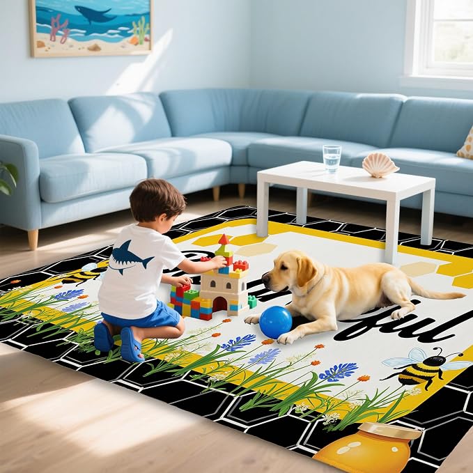 Bee Grateful Rug for Living Room 3x5, Low Pile Non-Slip Backing, Machine - Image 7
