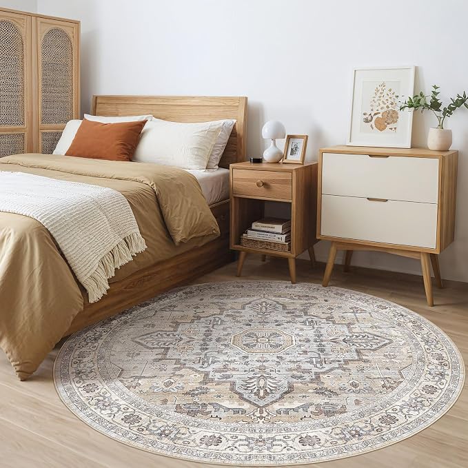 Round Rug Living Room Rugs: 8x8 Washable Boho Neutral Large Circle Soft Indoor - Image 4