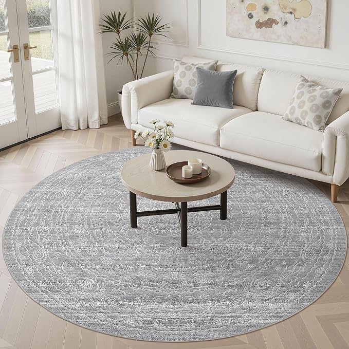 8ft Round Rug Living Room: Washable Large Vintage Rug Neutral Non-Slip Soft by NakagishiAreaRug