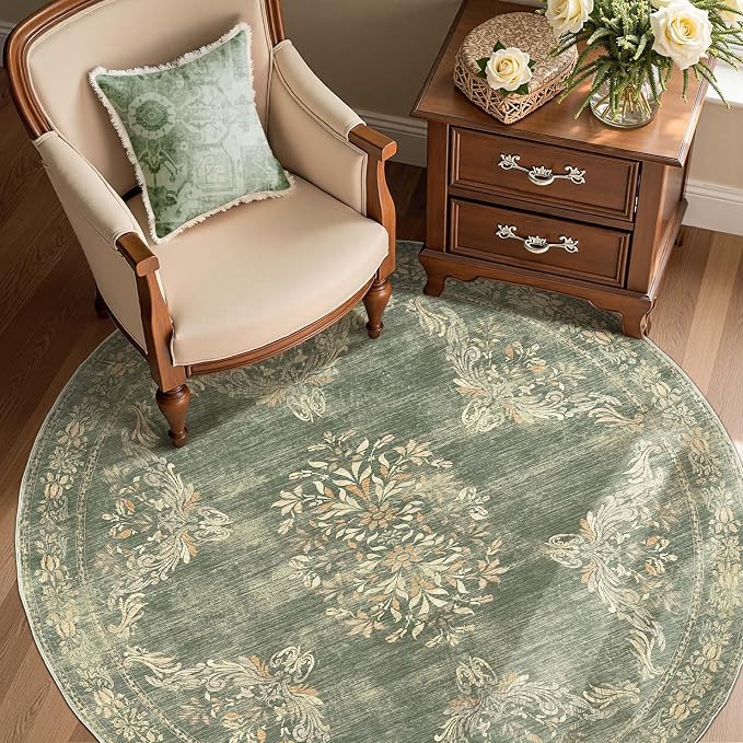 jinchan Round Rug 5ft Area Rugs Vintage Floral Distressed Design, Machine by JINCHAN