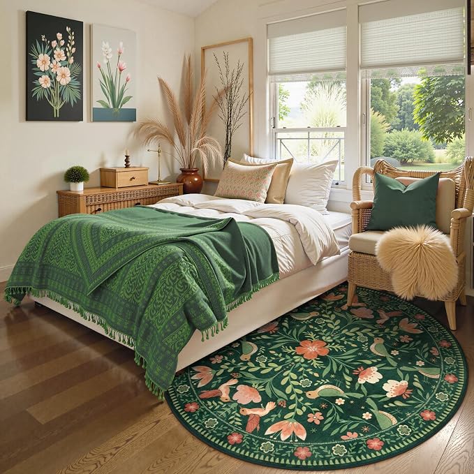 Moynesa Floral Bird Round Rug 6ft Washable Circle Rug Non Slip, Modern Cottage - Image 4