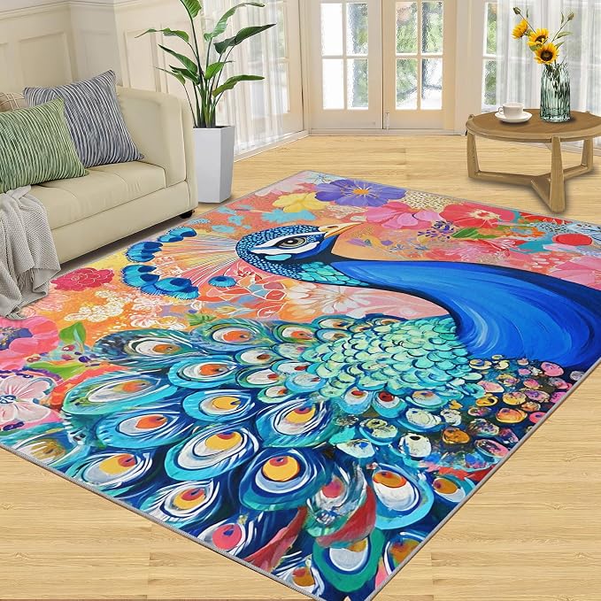 Peacock Area Rug 4x5-4x5 Rug, Boho Floral Rugs - Image 2