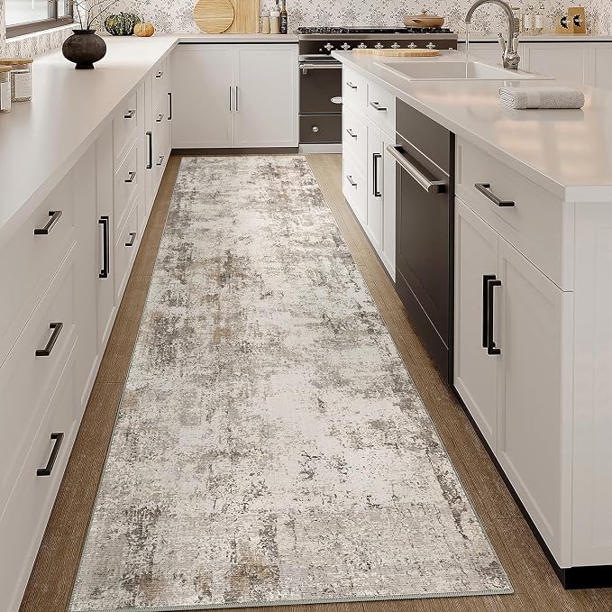 2x12 Washable Runner Rug Brown Grey Abstract Hallway Kitchen Throw Rug Neutral - Image 3