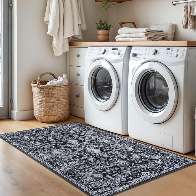 KILOCOCO Area Rug 3x5 Entryway Rug Washable Printed Vintage Floral Rubber - Image 3