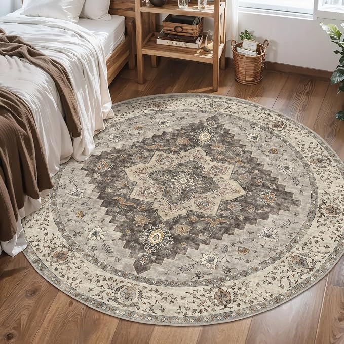 Tangsoo Vintage Round Rug 4ft Washable Circle Rug, Non Slip Small Boho Round Rug - Image 5