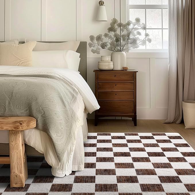 EVERGRACE Checkered Plaid Area Rug 5x7, Soft Fuzzy Faux Wool Rugs Washable Anti - Image 2