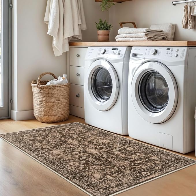 KILOCOCO Area Rug 3x5 Entryway Rug Washable Printed Vintage Floral Rubber - Image 3