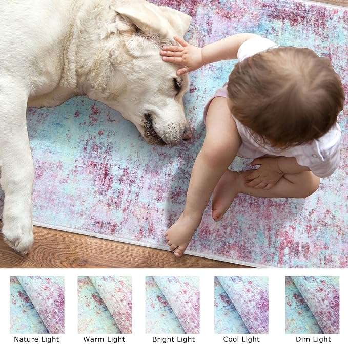 Modern Abstract 2x3 Girls Room Rug, Machine Washable Blush Pink Sky Blue Small - Image 3