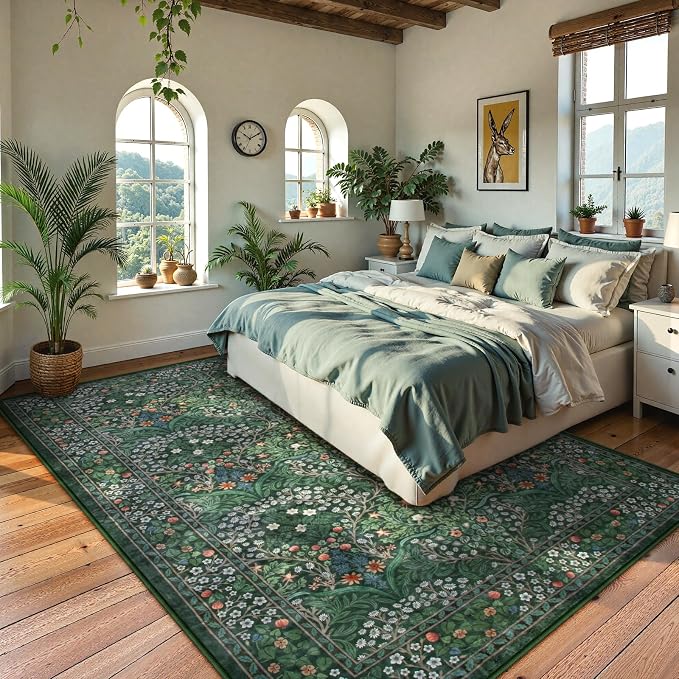 Lahome Floral Dark Green Area Rugs 8x10, Soft 8x10 Washable Rugs - Image 3