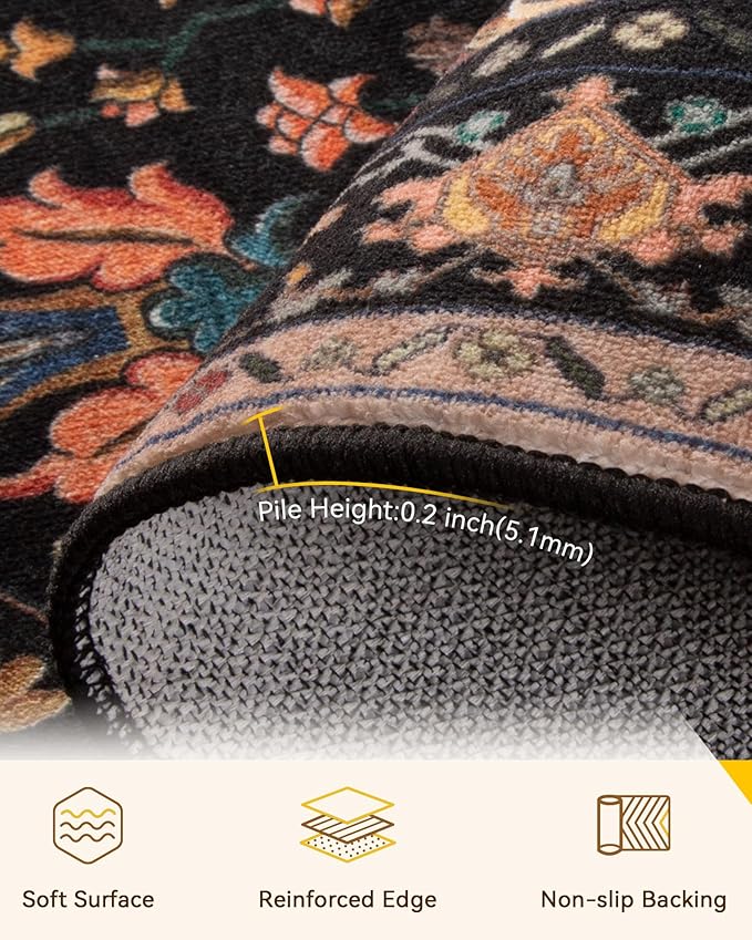 Area Rugs 8'x10' Washable Non-Slip, Floral Vintage Distress Print Pattern - Image 4