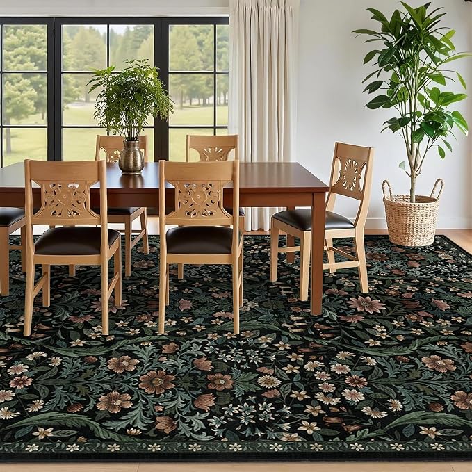 9x12 Black Vintage Floral Area Rug, Washable Large Boho Living Room Rugs - Image 5