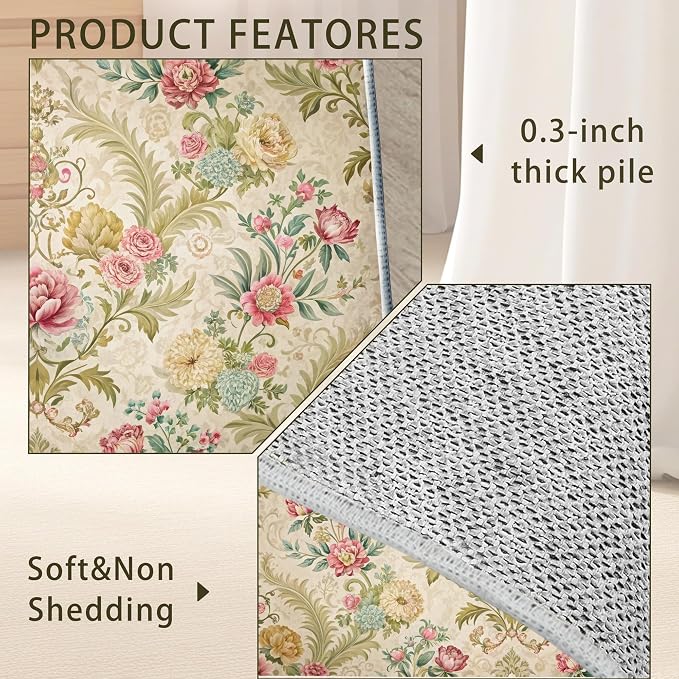 Chic Vintage Rose Rug for Living Room 3x5, Low Pile Non-Slip Backing, Machine - Image 5