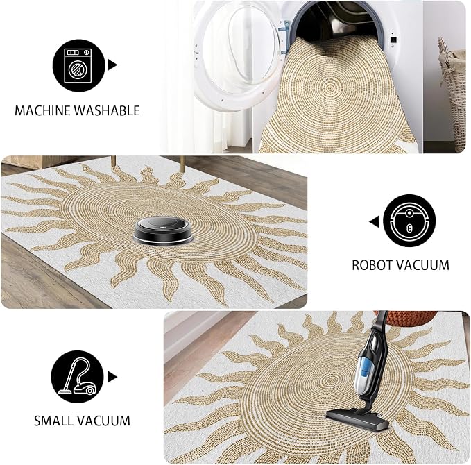 Boho Washable Rugs for Bedroom 5x7, Modern Sun Print Soft Minimalism Area Rug - Image 5