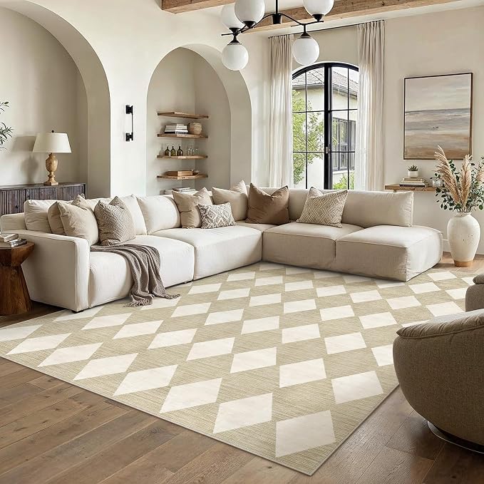 6x9 Checkered Area Rugs for Living Room Beige Machine Washable Large Rug by PureCozy