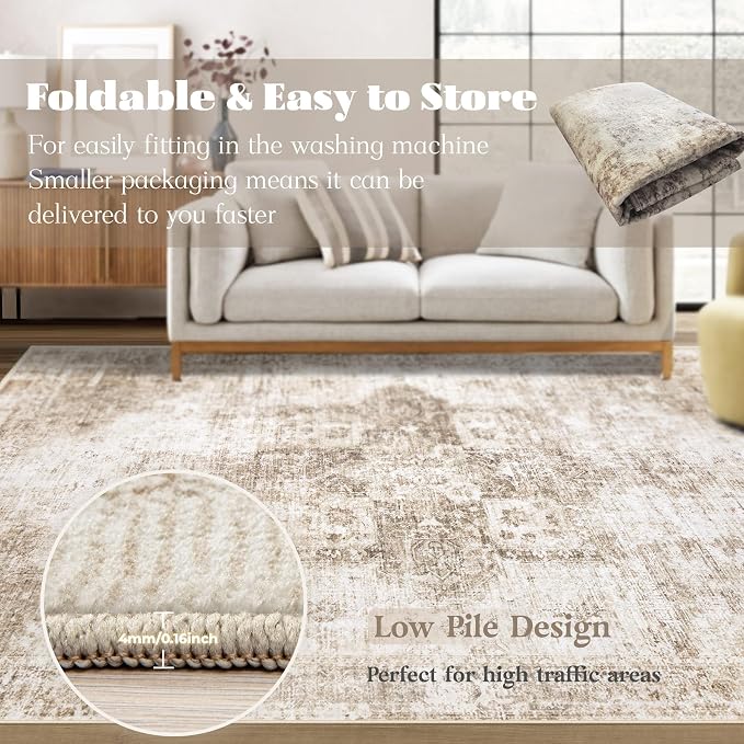 Area Rug 6x9 Washable Rug, Vintage Boho Medallion Rugs Non-Slip Soft Low Pile - Image 7