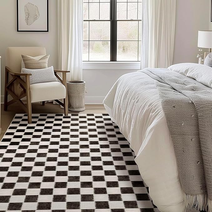 EVERGRACE Checkered Plaid Area Rug 9x12, Soft Fuzzy Faux Wool Rugs Washable by EverGrace