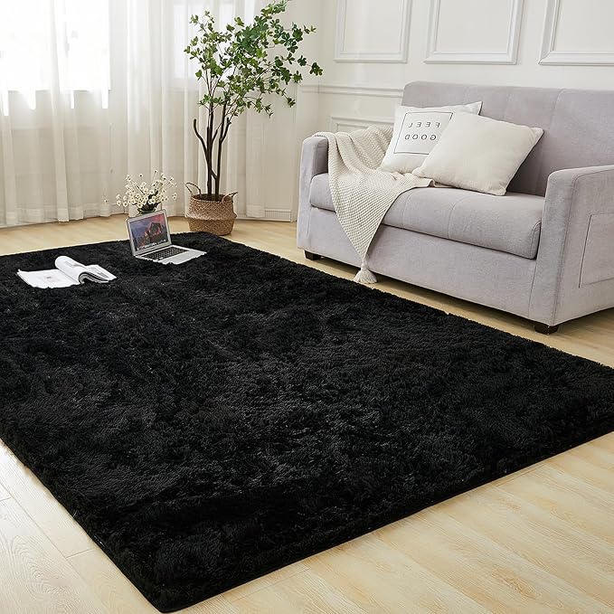 Andency Black Soft Area Rugs for Living Room Bedroom, 4x6 Fluffy Shaggy Bedside by Andency