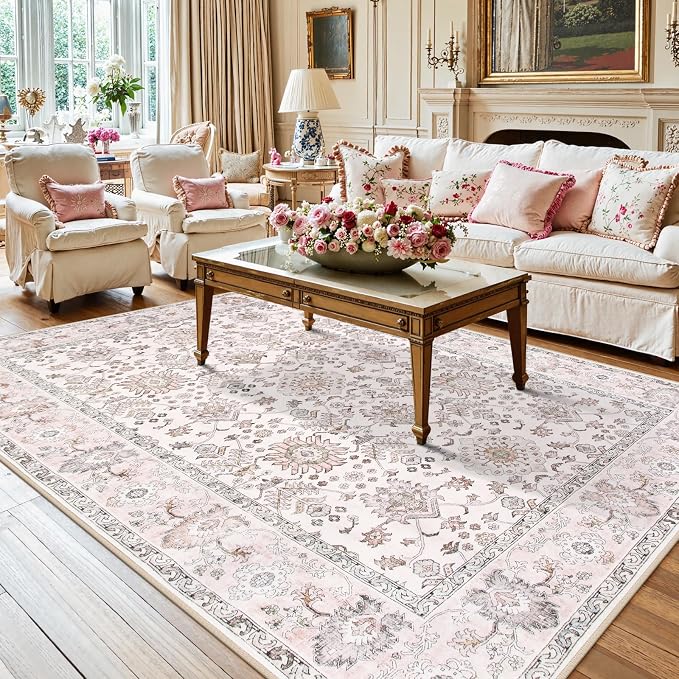 Lahome Boho Bedroom Rugs 8x10 Non Slip, Washable Pink Rugs - Image 3