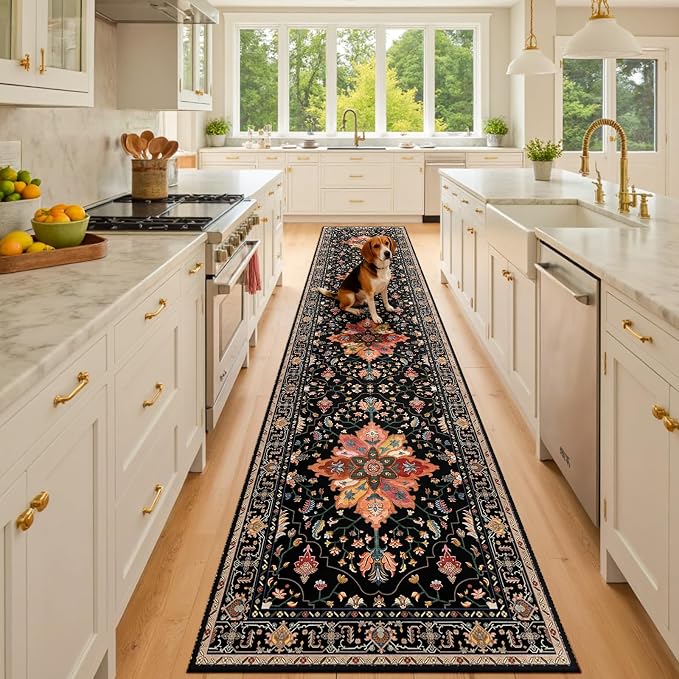 Area Rugs 2'x10' Washable Non-Slip, Floral Vintage Distress Print Pattern by RELEANY