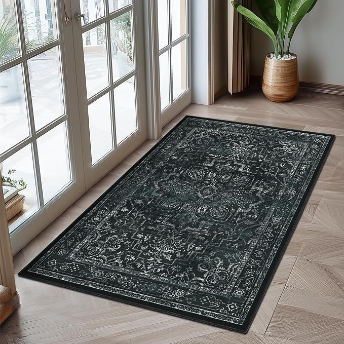 Black Distressed 3x5 Area Rugs for Entryway Foyer, Washable Non Slip Low Pile by Jainmy