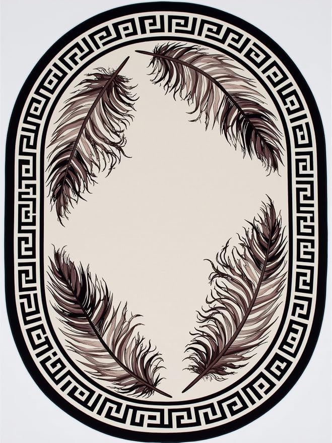 Light Beige Tan Black Greek Key Pattern Bordered Large Rugs - Image 5