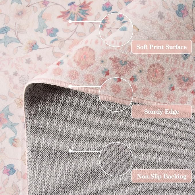 Wonnitar Boho Floral 8x10 Pink Area Rug, Washable Kids Rugs - Image 4