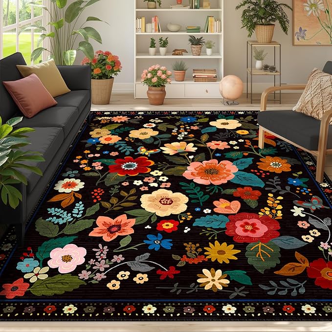Floral 9x12 Area Rug Machine Washable Soft Print Boho Carpet Non Slip Doormat - Image 2