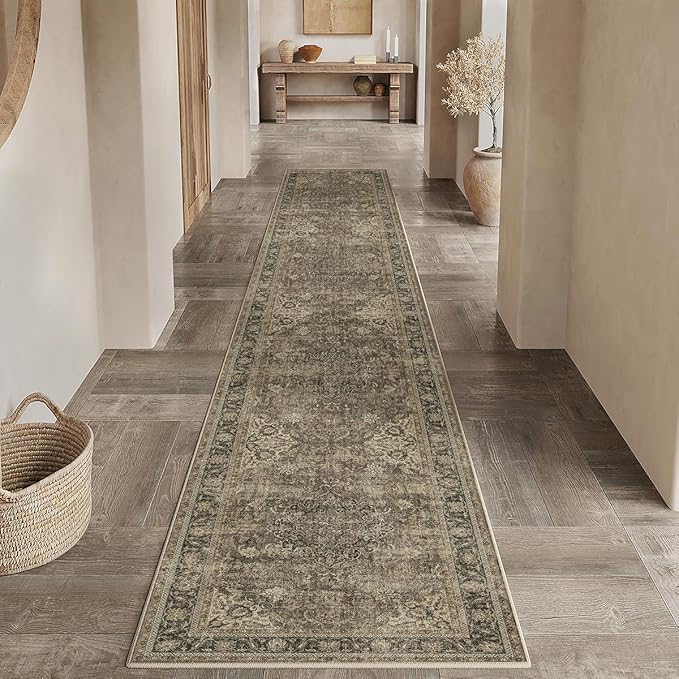 2x10 Washable Brown Runner Rug Vintage Hallway Kitchen Carpet Non-Slip Soft Low by WondRg