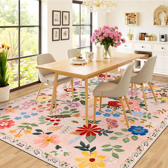 Area Rug Living Room Rugs: Floral 5x7 Washable Rug Vintage Soft Boho Non-Slip - Image 4