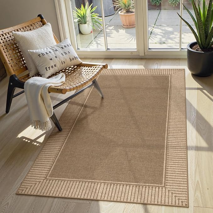 Moynesa Brown Striped Border Easy Jute Indoor Outdoor Entryway Rug 3x5 by Moynesa