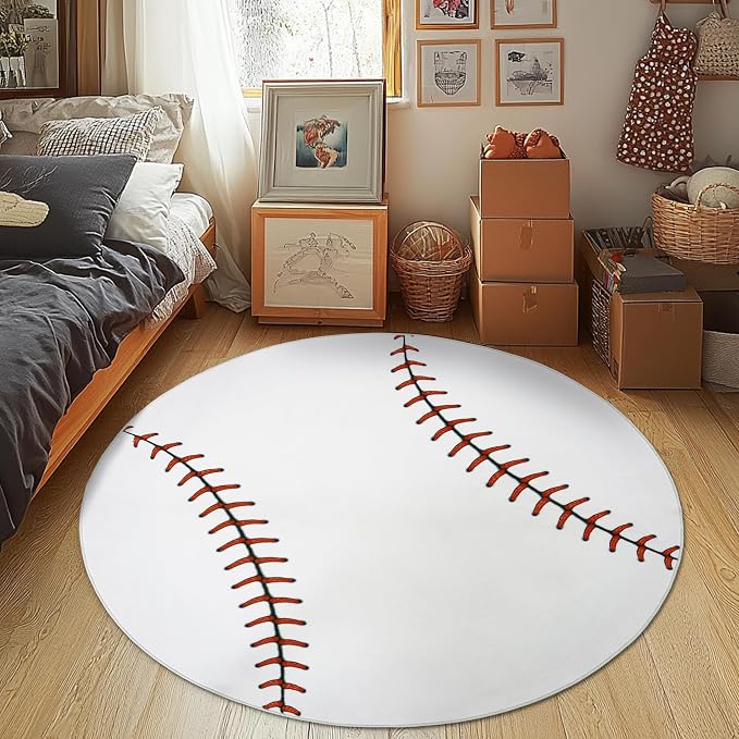 Soft Round Rugs for Bedroom, Baseball Rug for Boys, Bedside Area Kids Carpet - Image 7