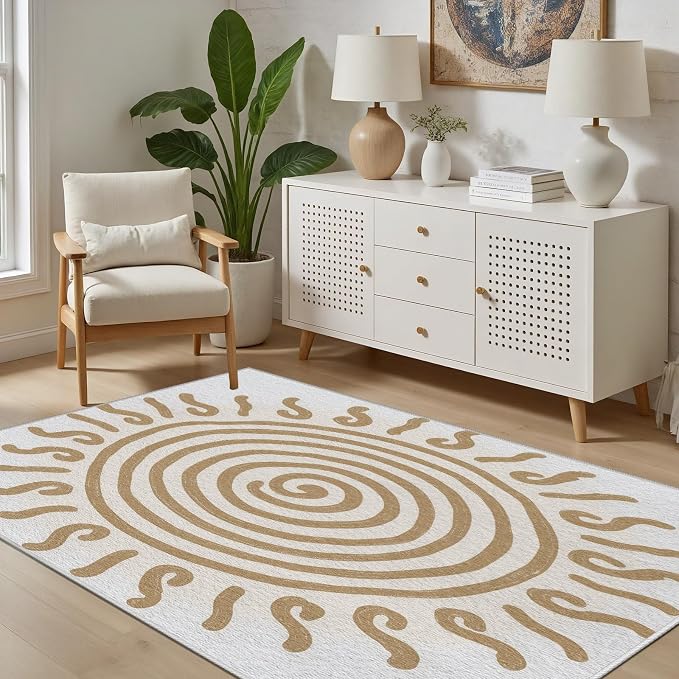 Boho Washable Rugs for Bedroom 7x9, Modern Sun Print Soft Minimalism Area Rug by Unknown