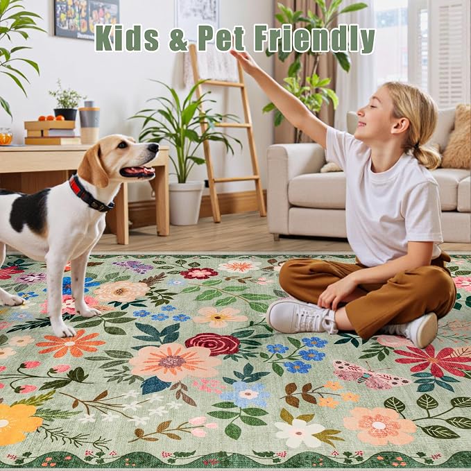 Area Rugs 9x12 Living Room: Floral Washable Rug Vintage Large Soft Boho - Image 7