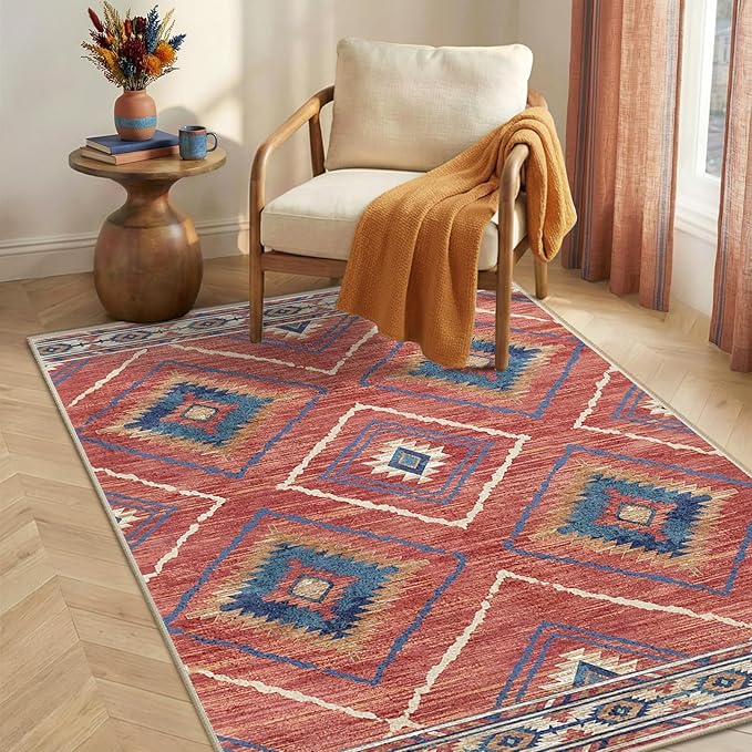 Area Rug 4x6 Rug Machine Washable Non-Slip Low Pile Print Pattern Western Rug by BESTSWEETIE