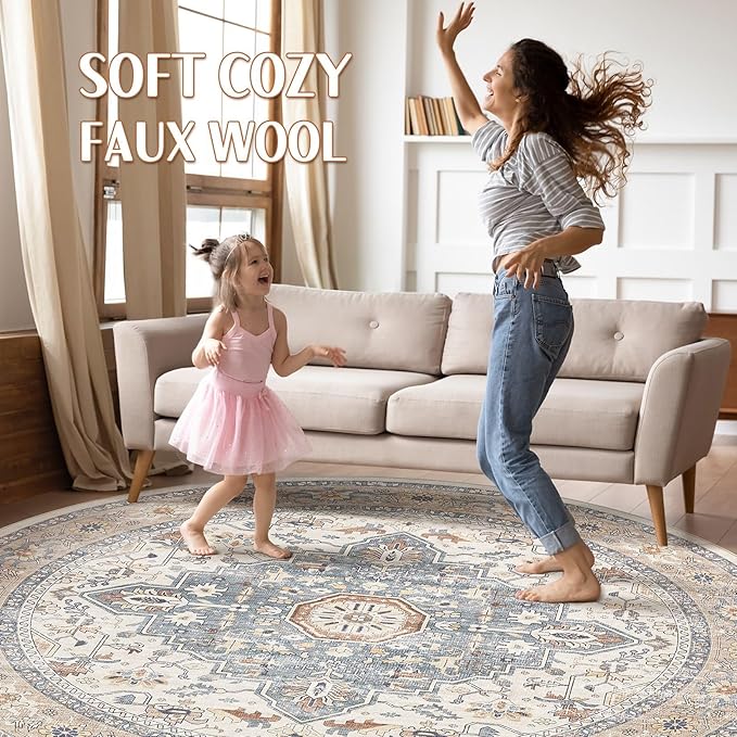 Round Rug Living Room Rugs: 6Ft Washable Boho Neutral Large Circle Soft Indoor - Image 3
