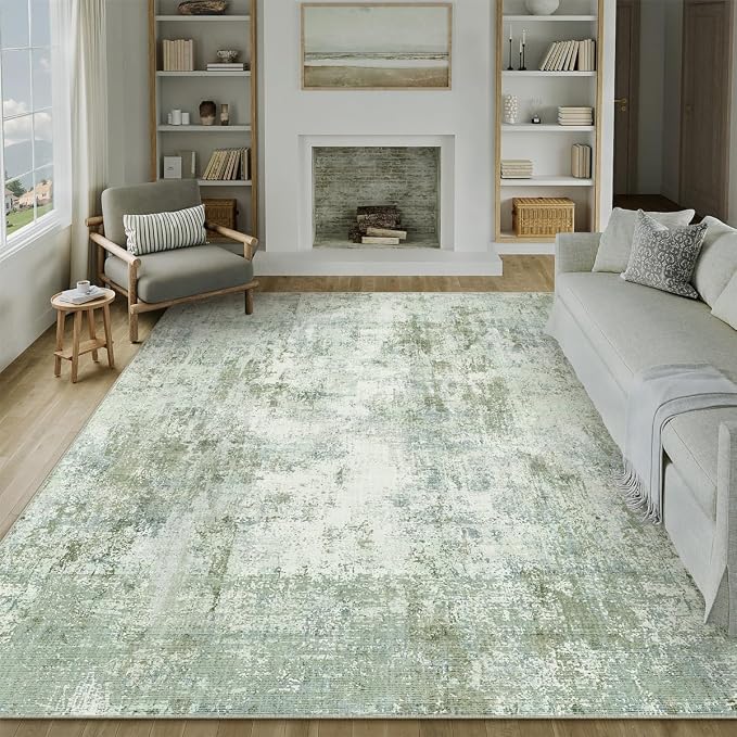 9x12 Washable Area Rug Sage Green Abstract Living Room Bedroom Carpet Neutral - Image 5