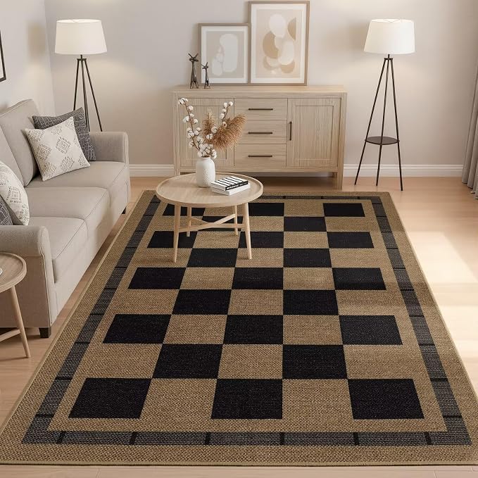 Checkered Jute 5x7 Area Rugs, Washable Outdoor Patio Rug Living Room Bedroom by VasofeSoftFluffyRugs