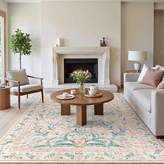 Wonnitar Floral Large Rugs for Living Room, Soft Light Pink Rug Washable 9x12 by Wonnitar