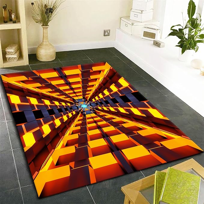 3D Abstract Grid Area Rug, Visual Illusion Realistic Cave Indoor Carpets - Image 3