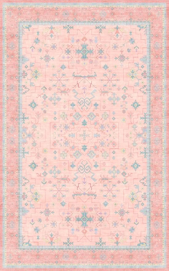 Pink and Blue Washable 5x8 Living Room Rugs, Boho Aethestic Oushak Vintage Area - Image 2