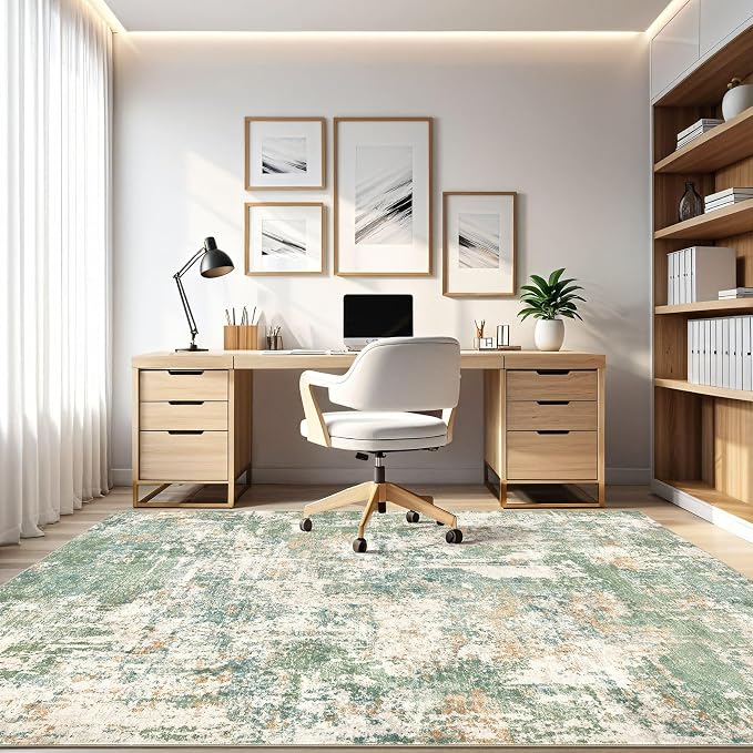 5x7 Area Rugs Living Room: Washable Large Abstract Soft Green Rug Stain - Image 8