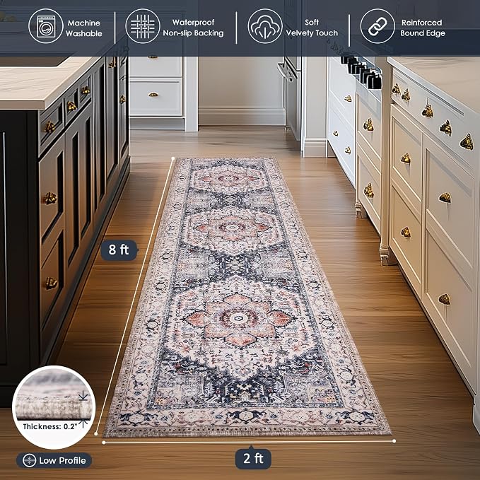 PURRUGS Vintage Farmhouse Boho Runner Rug 2x8 ft, Non-Slip Machine Washable Rug - Image 3