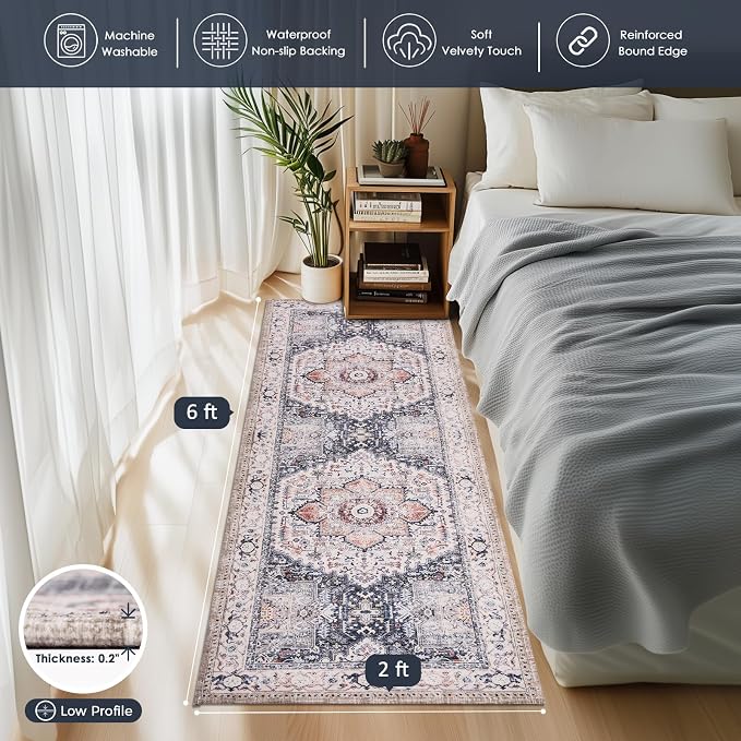 PURRUGS Vintage Farmhouse Boho Runner Rug 2x6 ft, Non-Slip Machine Washable Rug - Image 3