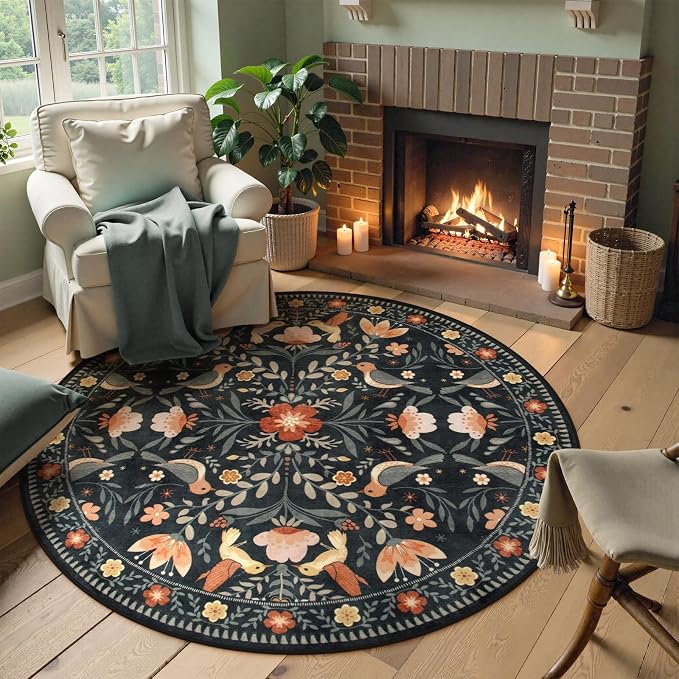 Moynesa Floral Bird Round Rug 6ft Washable Circle Rug Non Slip, Modern - Image 9